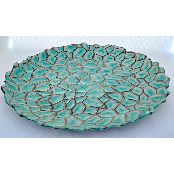 GLASS DECORATIVE DISH-Green Turquoise-Mosaic Pattern-Silver Back-12.5" Diameter - Picture 4 of 10